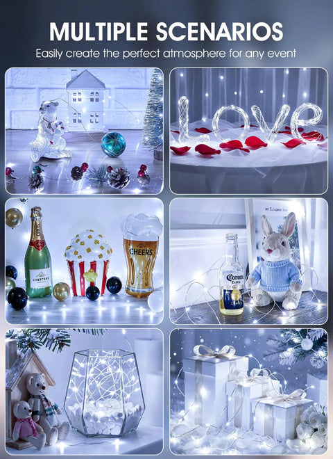 USB Fairy Lights 66 Feet With 200 LEDs Remote Control And Timer Waterproof 8 Modes For Indoor Outdoor Decor Bedroom Wreath DIY Party Wedding Christmas Holiday Pure White used in various decorative settings.