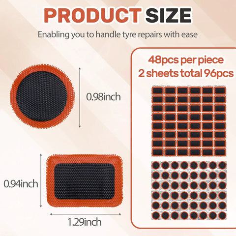 96 Pack Bicycle Tire Patch Kit For Inner Tubes Rubber Bike Patch Set For Road Mountain And Motorcycle Tires, patch sizes shown