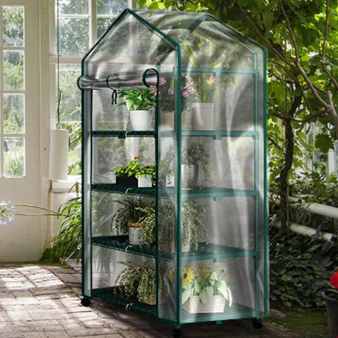 4 Tier Portable Greenhouse With Locking Wheels And PVC Cover For Indoor Or Outdoor Use, 27 Inch Wide Shelves That Hold 24 Lbs Per Tier, A Slick Mini Greenhouse For Seedlings, Herbs, And Small Plants