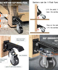 Heavy Duty Retractable Workbench Casters Kit With Smooth Rolling Polyurethane Wheels And No Jiggle Adjustable Leveling Glides, featuring non-slip brake pedal.