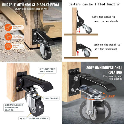 Heavy Duty Retractable Workbench Casters Kit With Smooth Rolling Polyurethane Wheels And No Jiggle Adjustable Leveling Glides, featuring non-slip brake pedal.