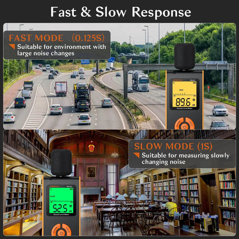 Your Go To Portable Sound Level Meter With A Weighted Measurement And Fast And Slow Response For 30 To 130 Decibels, Backlit LCD, Real Time Readout, High Accuracy, Ideal For Home Office School And Factory, handheld black plastic meter