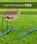 Person securing blue hose of Upgraded 2025 Outdoor Patio Misting System with peg on grass surface.