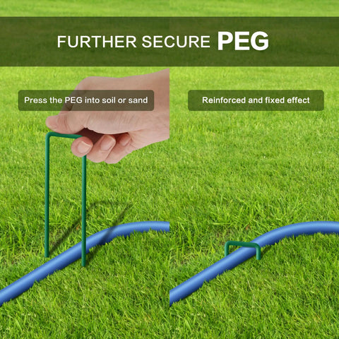 Person securing blue hose of Upgraded 2025 Outdoor Patio Misting System with peg on grass surface.