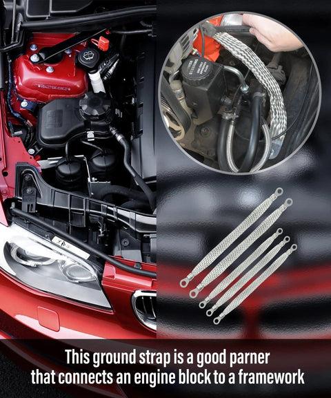 Heavy Duty Universal Automotive Ground Strap Kit Featuring Five Tough Braided Copper Grounding Cables for vehicle engine block connection.
