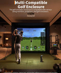 Golfer using Indoor Golf Simulator Enclosure Kit 11 By 8 Feet With 4K Ready Impact Screen Blackout Cage for home practice.