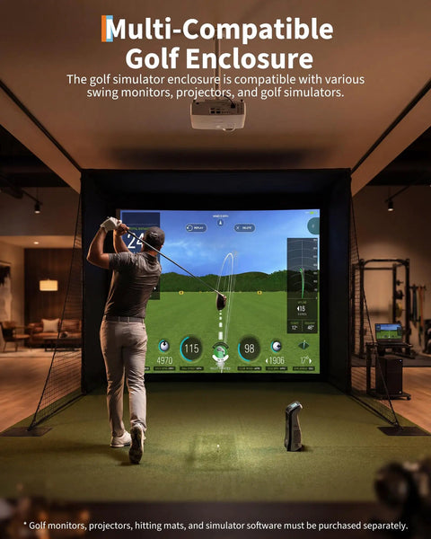 Golfer using Indoor Golf Simulator Enclosure Kit 11 By 8 Feet With 4K Ready Impact Screen Blackout Cage for home practice.