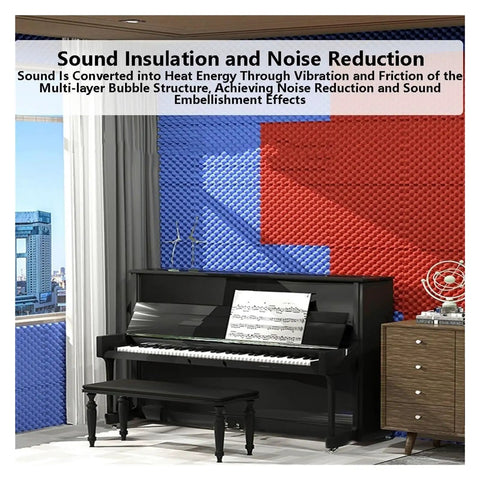 Top Shelf Self Adhesive Soundproofing Foam Acoustic Panels 5Cm Thick Flame Retardant Polyurethane Egg Crate Noise Reduction Mat For Studio Walls Heavy Duty Build Hits Different In Black installed behind a black piano in a bright room.