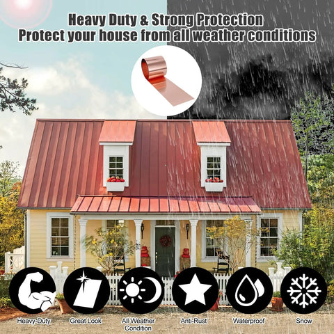 Copper Flashing Roll Nearly 100 Percent Pure Copper 16 Oz 24 Gauge for roofing, house protection, weatherproof in rain scene
