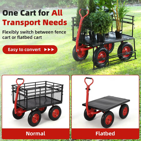 Heavy Duty 1400 Lb Steel Garden Dump Cart With Removable Mesh Panels 2 In 1 Handle 16 Inch All Terrain Wheels Multi Purpose Dump Wagon
