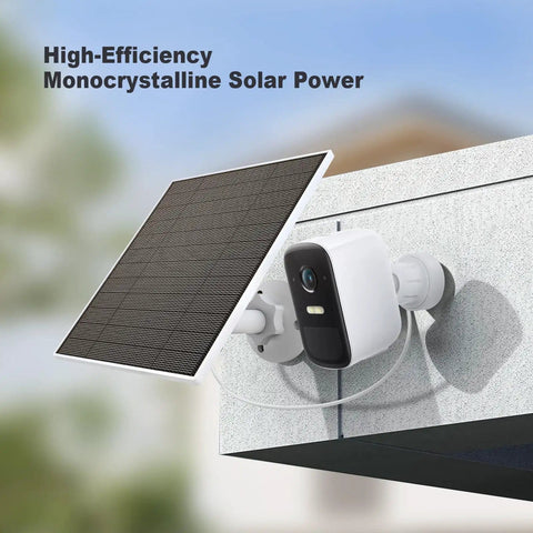 5W Solar Panel Charger For Eufy Outdoor Cameras Compatible With EufyCam 3 3C 2 2 Pro mounted on wall with camera