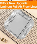 Heavy Duty Aluminum Foil Air Fryer Liners Pack Of 100 Pcs, 6.3 Inch Square, displayed on a cooling rack for easy cleanup