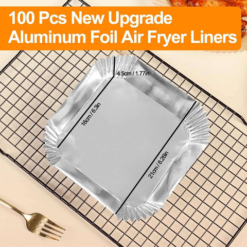 Heavy Duty Aluminum Foil Air Fryer Liners Pack Of 100 Pcs, 6.3 Inch Square, displayed on a cooling rack for easy cleanup
