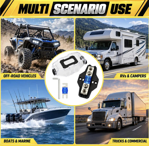 Heavy Duty 60 Amp Mini ANL Fuse Holder With 0 2 And 4 Gauge Wire Setup Including Badass Overload Protection And No Sweat Clear Shield for various vehicles.