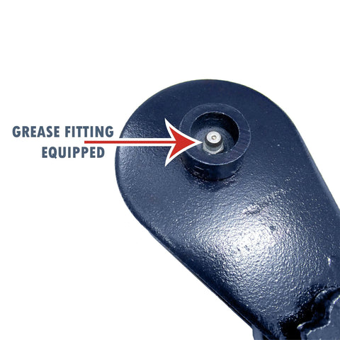 Beefy 15 Ton Snatch Block With Hook And 8 Inch Sheave For Wrecker Towing And Recovery Heavy Duty Pulley For Three Quarters To Seven Eighths Inch Wire Rope Removable Sheave Swivel Hook With Safety Latch Industrial Grade, grease fitting detail
