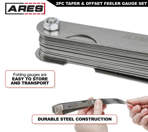 ARES 2-piece tapered and offset feeler gauge set; 32 dual-marked SAE/metric sizes, steel construction