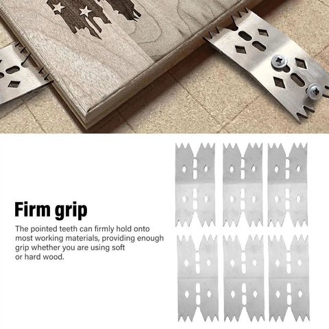 Premium Stainless Steel Wood Board Fixing Clamp With Pointed Teeth Dogs For Secure Slab Clamping During CNC Routing Carving And Bench Work Positioning Tasks on wood slab with teeth detail.