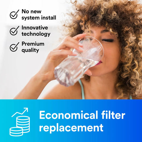 Heavy Duty Retrofit Filter Cartridge With No Sweat Quick Install Compatible With Select Systems NSF Certified Encapsulated Media Delivers Bullet Proof Fluid Purification For Daily Operations, woman drinking water from glass