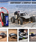 7.4V 450mAh 2S LiPo Battery With JST And PH2.0 Plugs, 30C Discharge next to RC car model in desert.