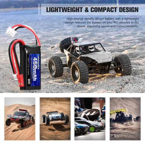 7.4V 450mAh 2S LiPo Battery With JST And PH2.0 Plugs, 30C Discharge next to RC car model in desert.