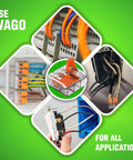 Collage of 221 Series Compact Splicing Wire Connectors Kit, 80 Pieces Including 40 221-412, 25 221-413, 15 221-415 in use.