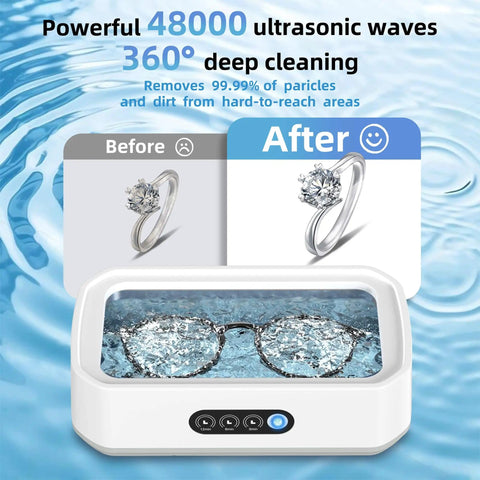 High Powered Ultrasonic Jewelry Cleaner 40W 49000 Hz 360 Degree Deep Cleaning 22oz with glasses and ring effect before and after
