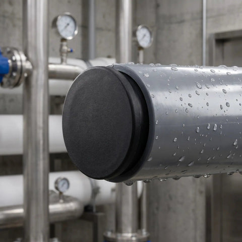 A waterproof 5 Pack T Shaped Silicone Plugs For 2 Inch Pipes Round Rubber Stopper Seals on a metallic pipe end in an industrial setting.