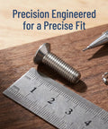 Close-up of 10 Piece Stainless Steel M8x60mm Full Thread Flat Head Screws With Hex Socket, ruler and pencil on wood surface