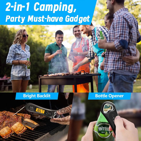 Instant Read Digital Meat Thermometer For Grill And Kitchen, Ultra Fast Three Second Temperature Read, Backlit LCD, Bottle Opener, No Fuss BBQ Accessory