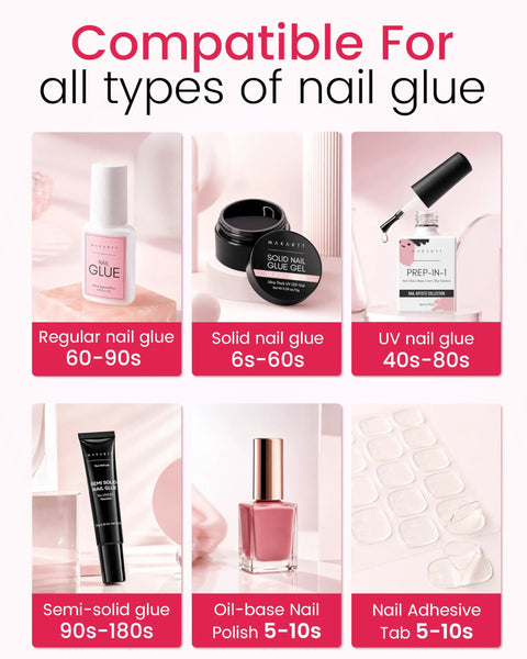 Image shows nail glues compatible with Jojoba Oil Nail Glue Remover For Press On Nails Acetone Free Gentle No Drama At Home Removal.