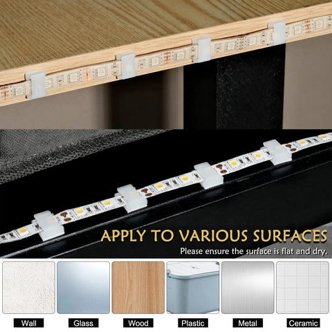 Self Adhesive LED Strip Mounting Clips Pack Of 100 For 8mm 10mm And 12mm Light Strips on wood and metal surfaces