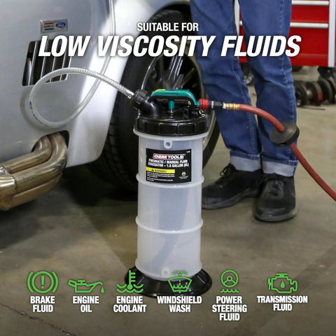 Dual Mode Garage-Grade Fluid Extractor Pump 1.5 Gallon for Oil, Coolant, Transmission on garage floor with hose and adapters