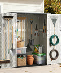 61 Cu Ft Outdoor Storage Shed With 56 Inch Wide Design, Waterproof Resin Cabinet With Floor, shown with tools and garden gear.