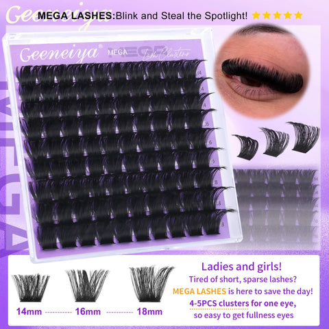5 Styles Lash Clusters Kit With Volume Mega Full Bottom Spike Extensions Lash Bond And Seal Remover Tweezers Brush Cotton Pack And Tape Tools For Beginners To Pros DIY At Home featuring multiple lash lengths on a tray