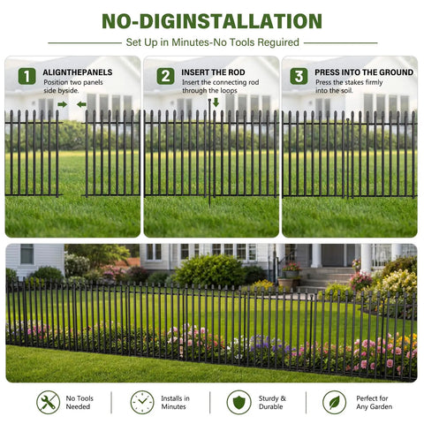 No Dig Decorative Garden Fence Kit With 10 Panels Heavy Duty Rustproof Metal Outdoor Dog Barrier installation steps and view