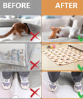 Comparison of rug stability with and without Eight Pack Non Slip Rug Gripper Pads For Hardwood Floors And More No Fuss Double Sided Reusable Washable Carpet Grippers No Residue Removable Corner Holders For Area Rugs On Tile Laminate Vinyl Marble, featuring a cat and human feet, highlighting effectiveness on slippery surfaces.