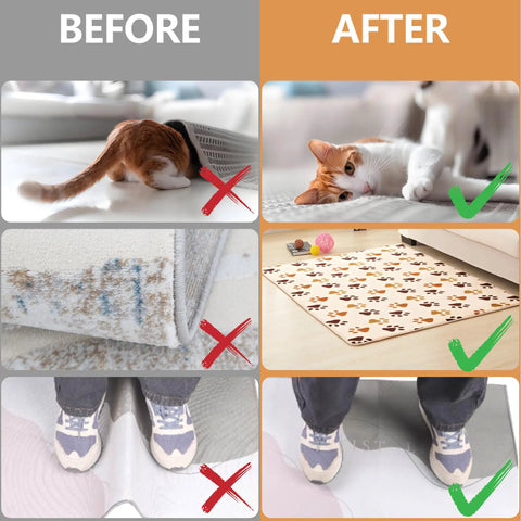 Comparison of rug stability with and without Eight Pack Non Slip Rug Gripper Pads For Hardwood Floors And More No Fuss Double Sided Reusable Washable Carpet Grippers No Residue Removable Corner Holders For Area Rugs On Tile Laminate Vinyl Marble, featuring a cat and human feet, highlighting effectiveness on slippery surfaces.