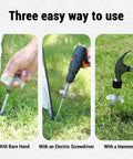 Three ways to use Beefy 12 Pack Screw In Tent Stakes 8 Inch Metal Ground Pegs, bare hand, electric screwdriver, and hammer.