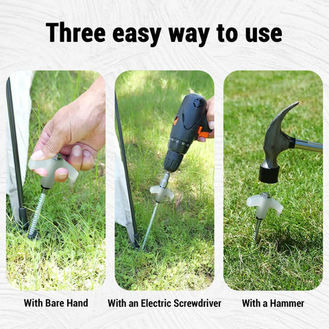 Three ways to use Beefy 12 Pack Screw In Tent Stakes 8 Inch Metal Ground Pegs, bare hand, electric screwdriver, and hammer.