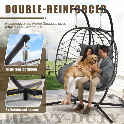 Double Egg Chair With Stand For Indoor Or Outdoor Use, Two Person Hanging Swing Chair With Cushions, Weather Resistant Metal Frame