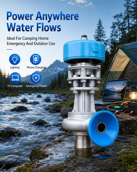 1000W Micro Hydroelectric Generator Aluminum Alloy Water Turbine beside river, ideal for camping and outdoor use, power station scene
