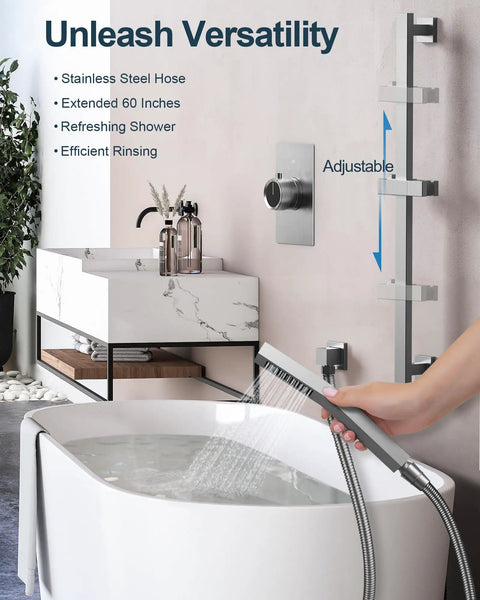 GRANDJOY 10" Rain Shower System with Handheld Spray, Slide Bar, Brushed Nickel adjustable hose in modern bathroom setup