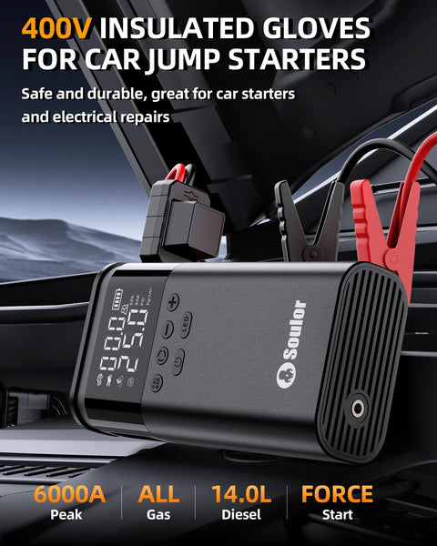 Beefy 6000A Jump Starter With Air Compressor For Cars And 14L Diesel Engines, showing display and heavy duty cables