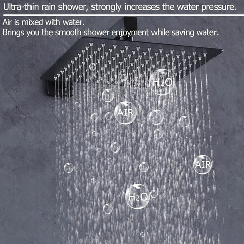 Matte Black Two Handles Shower Faucet Set With Square Rain Shower Head And Handheld Combo 2 In 1 Wall Mounted Shower System water flow