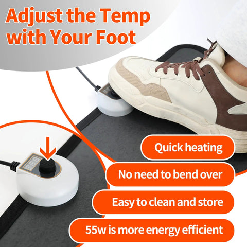 Foot pressing dial on Under Desk Heated Floor Mat With 55W Power, 7 Temperature Settings, And A Comfy Foot Warmer Pad.