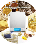Digital Kitchen Scale With 3000G Capacity And One Hundredth Ounce And One Tenth Gram Precision Pocket Coffee Scale Mini Food Scale For Jewelry Pro Backlit LCD Display Tare And PCS Functions Stainless Steel Batteries Included showcasing versatility in weighing spices, coffee, jewelry, and supplements.