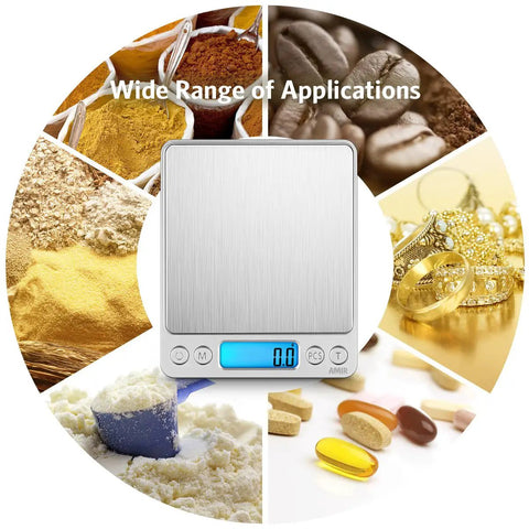 Digital Kitchen Scale With 3000G Capacity And One Hundredth Ounce And One Tenth Gram Precision Pocket Coffee Scale Mini Food Scale For Jewelry Pro Backlit LCD Display Tare And PCS Functions Stainless Steel Batteries Included showcasing versatility in weighing spices, coffee, jewelry, and supplements.