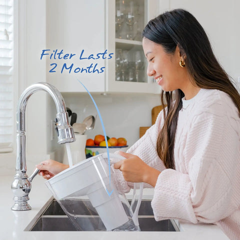 Woman using Replacement Alkaline Water Filter For At Home Pitcher With Mineral Boost in kitchen