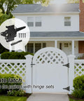 Heavy Duty Self Locking Gate Latch for Pool and Garden Gates installed on white vinyl fence with screws visible.
