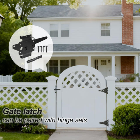 Heavy Duty Self Locking Gate Latch for Pool and Garden Gates installed on white vinyl fence with screws visible.